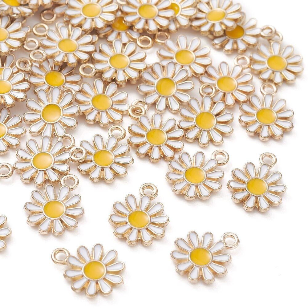 7314 100pcs Enamel White Flower Charms Mini Floral Chrysanthemumm Daisy